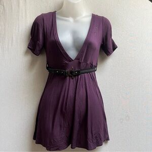 Miss Sixty Purple Plunge V-Neck Belted Y2K Mini Dress Cotton Size Smal